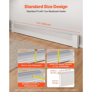 Baseboard Heater Covers, Basic Series 5 ft Standard Electric Heating Unit Front Cover for Home Improvement, Heavy-duty Steel, Easy Installation for Bedroom Replacing Old Cover, White
