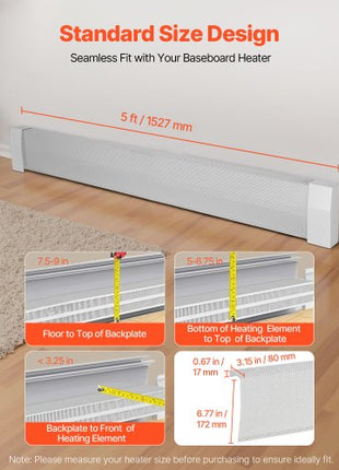 Baseboard Heater Covers, Premium Series 5 ft Standard Electric Heating Unit Front Cover for Home Improvement, Heavy-duty Steel, Easy Installation for Bedroom Replacing Old Cover, White