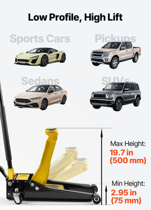 Low Profile Floor Jack, 3 Ton (6614 lbs) Capacity, Steel Racing Floor Jack with Dual Pistons Quick Lift Pump & SUV Adapter, Hydraulic Trolley Car Lift for Sports Cars, Lifting Range 2.95"-19.7"