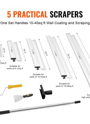 Drywall Skimming Blade Set, 10/16/24/32/40 in Skimming Blades + 34-81.6 in Extension Handle Pole, Stainless Steel Knife Professional Skim Coat Tools, for Gyprock/WallBoard/Plasterboard