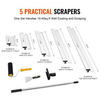 Drywall Skimming Blade Set, 10/16/24/32/40 in Skimming Blades + 34-81.6 in Extension Handle Pole, Stainless Steel Knife Professional Skim Coat Tools, for Gyprock/WallBoard/Plasterboard