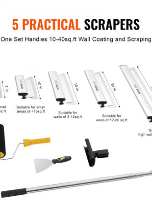 Drywall Skimming Blade Set, 7/10/14/16/24 in Skimming Blades + 34 - 81.6 in Extension Handle Pole, Stainless Steel Knife Professional Skim Coat Tools, for Gyprock/WallBoard/Plasterboard