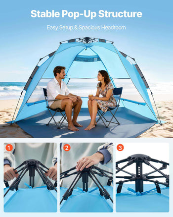 Beach Tent Sun Shelter for 4 Person, Pop Up Beach Tent UPF 50+ Protection, Portable Sun Shade Canopy with Carrying Bag and Sand Pockets, Easy Setup Umbrella for Camping Fishing Outdoor Picnic