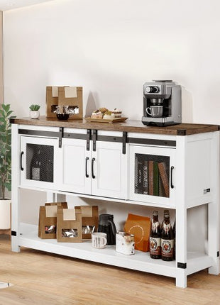 Coffee Bar Cabinet, 47.3 x 15.7 x 32.7 in Farmhouse Coffee Bar Cabinet with 4-Tier Storage, Coffee Bar Table with Barn Doors, Farmhouse Sideboard Buffet Cabinet for Living Room, Entryway