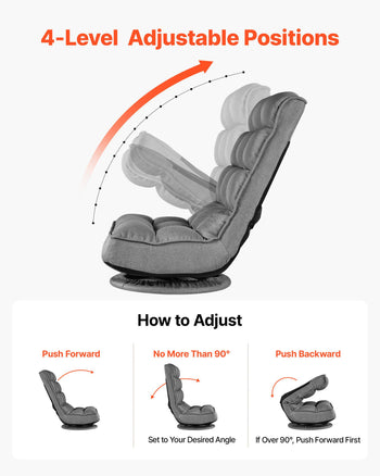 Swivel Floor Gaming Chair, 360-Degree Rotating Floor Chair with 4 Adjustable Position Folding Backrest, Metal Frame with Recycled Foam and Linen Fabric, for Watching TV, Reading, Relaxing, Gray