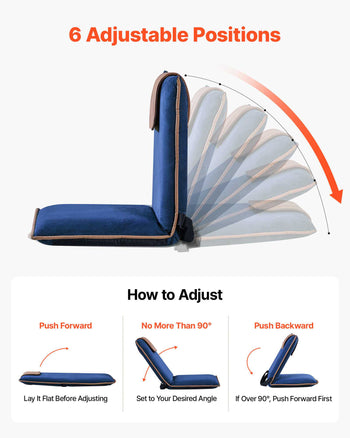 Floor Chair, 6 Adjustable Positions Folding Floor Gaming Chair with Back Support, Easy to Carry, Sturdy Metal Frame with Recycled Foam and Suede Fabric Surface, for Reading, Relaxing, Dark Blue
