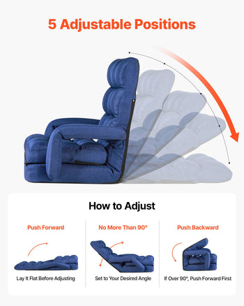 Floor Chair, 5 Adjustable Positions Folding Floor Gaming Chair with Back Support, Armrests, and Cushion, Sturdy Metal Frame with Recycled Foam and Linen Fabric, for Reading, Relaxing, Dark Blue