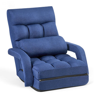 Floor Chair, 5 Adjustable Positions Folding Floor Gaming Chair with Back Support, Armrests, and Cushion, Sturdy Metal Frame with Recycled Foam and Linen Fabric, for Reading, Relaxing, Dark Blue