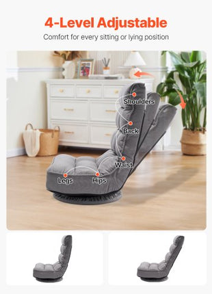 Swivel Floor Gaming Chair, 360-Degree Rotating Floor Chair with 4 Adjustable Position Folding Backrest and Lumbar Support, Folding Video Reclining Sofa for Watching TV Reading Playing Game, Gray