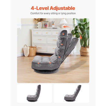 Swivel Floor Gaming Chair, 360-Degree Rotating Floor Chair with 4 Adjustable Position Folding Backrest and Lumbar Support, Folding Video Reclining Sofa for Watching TV Reading Playing Game, Gray