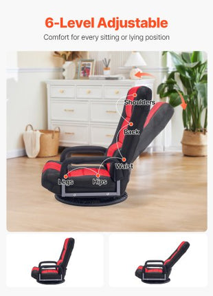 Swivel Floor Gaming Chair with Armrests, 360-Degree Rotating Floor Chair with 6 Adjustable Position Folding Backrest and Lumbar Support, Folding Video Reclining Sofa for TV Reading, Red Black