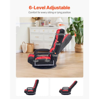 Swivel Floor Gaming Chair with Armrests, 360-Degree Rotating Floor Chair with 6 Adjustable Position Folding Backrest and Lumbar Support, Folding Video Reclining Sofa for TV Reading, Red Black
