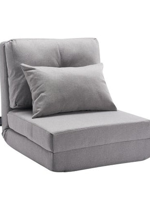 Convertible Flip Chair, 5-Position Adjustable Floor Lazy Sofa, Folding Upholstered Couch Bed with Adjustable Backrest Metal Frame and Pillow, Folding Sofa Bed Chair for Living Room Bedroom, Gray