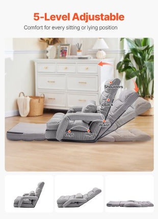 Floor Chair, Floor Gaming Chair with 5 Adjustable Position and Back Support, Folding Sofa Chair with Armrest for Adults, Sofa Lounger Bed with Back Cushion for Living Room and Bedroom, Gray
