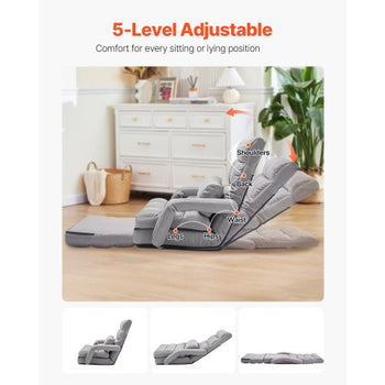 Floor Chair, Floor Gaming Chair with 5 Adjustable Position and Back Support, Folding Sofa Chair with Armrest for Adults, Sofa Lounger Bed with Back Cushion for Living Room and Bedroom, Gray