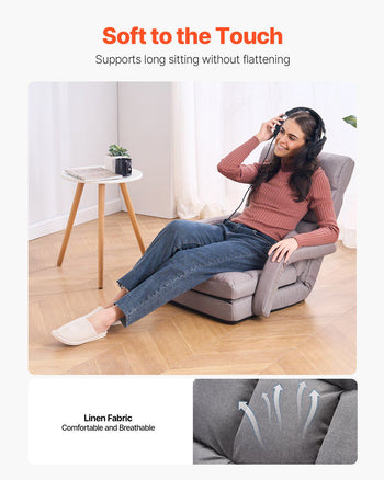 Floor Chair, Floor Gaming Chair with 5 Adjustable Position and Back Support, Folding Sofa Chair with Armrest for Adults, Sofa Lounger Bed with Back Cushion for Living Room and Bedroom, Gray