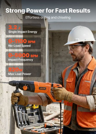 Rotary Hammer Drill, 1-1/8 in SDS-Plus Electric Corded Heavy Duty Rotary Hammer, 4 Functions, Including 3 Drill Bits, Flat Chisel, Pointed Chisel, and Carrying Case, for Concrete and Masonry