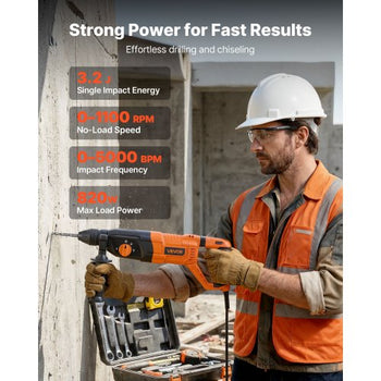Rotary Hammer Drill, 1-1/8 in SDS-Plus Electric Corded Heavy Duty Rotary Hammer, 4 Functions, Including 3 Drill Bits, Flat Chisel, Pointed Chisel, and Carrying Case, for Concrete and Masonry