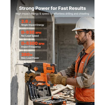 Rotary Hammer Drill, 7/8 in SDS-Plus Cordless, 20V Battery Powered Rotary Hammer, Brushless, Including Battery, Charger, 3 Drill Bits, Flat Chisel, Pointed Chisel, Carrying Case, for Concrete