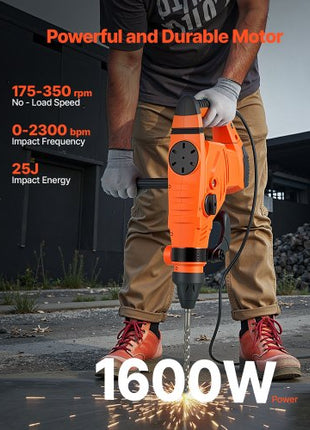 Corded Hammer Drill, 1600W 175-350RPM Electric Demolition Drills, 2-Inch SDS-Max Rotary Hammer Driver, 3 Functions Chipping Power Tool Kit for Concrete, Drilling Wood Plastic