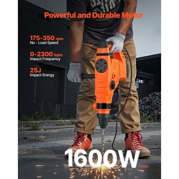 Corded Hammer Drill, 1600W 175-350RPM Electric Demolition Drills, 2-Inch SDS-Max Rotary Hammer Driver, 3 Functions Chipping Power Tool Kit for Concrete, Drilling Wood Plastic