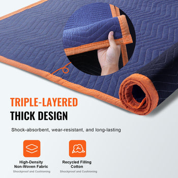 Moving Blankets, 80" x 72", 65 lbs/dz Weight, 12 Packs, Professional Non-Woven & Recycled Cotton Packing Blanket, Heavy Duty Mover Pads for Protecting Furniture, Floors, Appliances, Blue/Orange