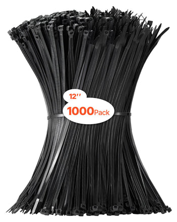 1000 Pack Cable Zip Ties, 12-inch Heavy Duty Cable Wire Ties with 50LBS High Tensile Strength, Multi-Purpose Self-Locking Nylon Tie Wraps, Heat & Cold Resistant for Indoor and Outdoor Use
