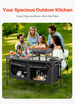 Camping Kitchen Table, Folding Outdoor Cooking Table, 3 Adjustable Heights, Aluminum Lightweight Portable Cook Station with Storage Organizer, Carry Handle, for BBQ Party Picnic RV Travel, Black