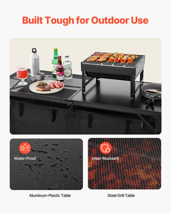 Camping Kitchen Table, Folding Outdoor Cooking Table, 3 Adjustable Heights, Aluminum Lightweight Portable Cook Station with Storage Organizer, Carry Handle, for BBQ Party Picnic RV Travel, Black