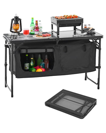 Camping Kitchen Table, Folding Outdoor Cooking Table, 3 Adjustable Heights, Aluminum Lightweight Portable Cook Station with Storage Organizer, Carry Handle, for BBQ Party Picnic RV Travel, Black