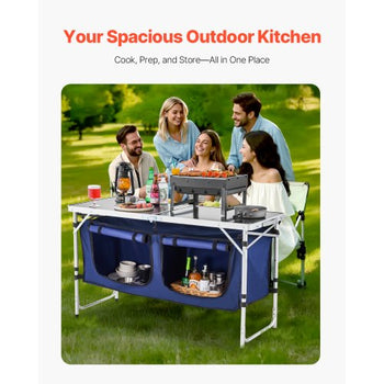 Camping Kitchen Table, Folding Outdoor Cooking Table, 3 Adjustable Height, Aluminum Lightweight Portable Cook Station with Storage Organizer, Carry Handle, for BBQ Party Picnic RV Travel, Blue