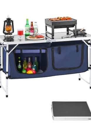 Camping Kitchen Table, Folding Outdoor Cooking Table, 3 Adjustable Height, Aluminum Lightweight Portable Cook Station with Storage Organizer, Carry Handle, for BBQ Party Picnic RV Travel, Blue
