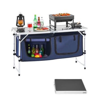 Camping Kitchen Table, Folding Outdoor Cooking Table, 3 Adjustable Height, Aluminum Lightweight Portable Cook Station with Storage Organizer, Carry Handle, for BBQ Party Picnic RV Travel, Blue