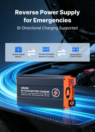 DC to DC Battery Charger, 520W, 40A Alternator Charger, Fast DC-DC Charging for Portable Power Stations, Compatible with LiFePO4 Lead-Acid AGM GEL Batteries, 12V/24V-12V/24V, for RV Home Backup