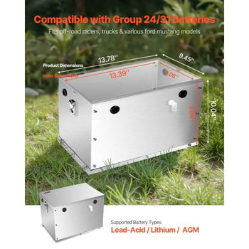 Battery Box, Group 24/31 Trolling Motor Battery Box, Marine Batteries Case with Rubber-Grommet Cable Holes, Aluminum Alloy Shell Storage Case, Easy Installation, for Off-Road Racers, Trucks