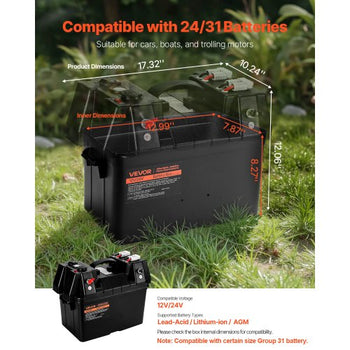 Battery Box, Group 24/31 Trolling Motor Battery Box, 12V/24V Marine Batteries Case with PP Shell and Dual Straps, Smart Batteries Case, Suitable for Trolling Motor, Marine,RV & Solar Panel
