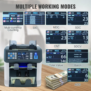 Multi-function currency counter in gray and black with LCD display, featuring multi-currency counting modes.