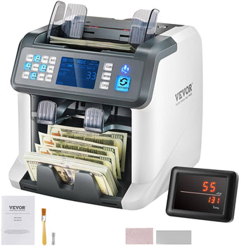Vevor bill counter in white and gray, features LCD display, efficient currency sorting, includes accessories for cleaning.