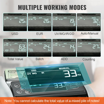 Cash counting machine with LCD display, showing multiple modes in black and gray, ideal for efficient money handling.