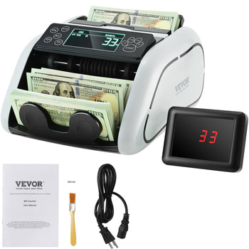 White and black VEVOR banknote counter with digital display, USB cable, user manual, and cleaning brush included.