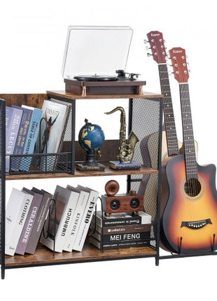 3-Tier Record Player Stand with Guitar Holder, Turntable Stand with Storage Holds Up to 300 Albums, Vinyl Record Cabinet with Metal Mesh Frame for Living Room, Bedroom, Black