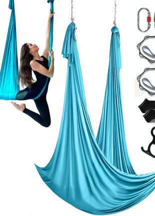Aerial Silk & Yoga Swing, 11 Yards, Aerial Yoga Hammock Kit with 100gsm Nylon Fabric, Full Rigging Hardware & Easy Set-up Guide, Antigravity Flying for All Levels Fitness Bodybuilding, Blue
