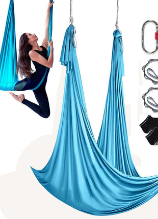 Aerial Yoga Hammock & Swing, 5.5 Yards, Aerial Yoga Starter Kit with 100gsm Nylon Fabric, Full Rigging Hardware & Easy Set-up Guide, Antigravity Flying for All Levels Fitness Bodybuilding, Blue