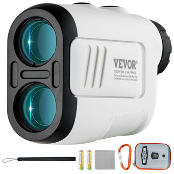 VEVOR laser rangefinder in sleek white and black, with blue lenses, includes batteries, carrying pouch, and accessories.
