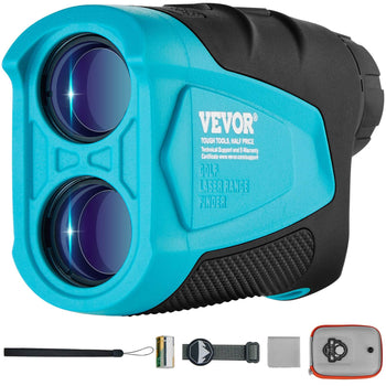 Blue and black VEVOR laser rangefinder with dual lenses, battery, strap, cleaning cloth, and case included.