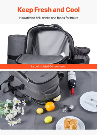 Picnic Backpack, Beach Picnic Backpack Bag for 2 Person with Insulated Cooler Compartment, Detachable Bottle/ Holder, Lightweight Blanket, Plates and Cutlery Set for Hiking, Camping, Grey