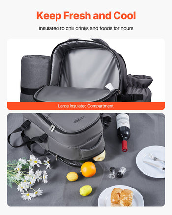 Picnic Backpack, Beach Picnic Backpack Bag for 2 Person with Insulated Cooler Compartment, Detachable Bottle/ Holder, Lightweight Blanket, Plates and Cutlery Set for Hiking, Camping, Grey