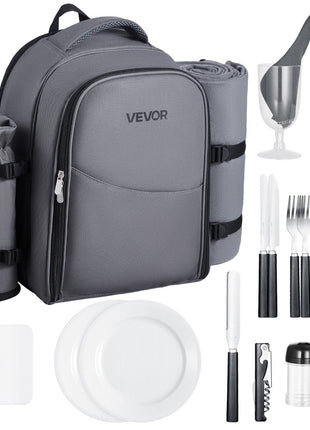 Picnic Backpack, Beach Picnic Backpack Bag for 2 Person with Insulated Cooler Compartment, Detachable Bottle/ Holder, Lightweight Blanket, Plates and Cutlery Set for Hiking, Camping, Grey
