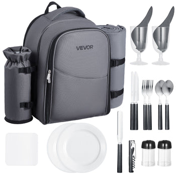 Picnic Backpack, Beach Picnic Backpack Bag for 2 Person with Insulated Cooler Compartment, Detachable Bottle/ Holder, Lightweight Blanket, Plates and Cutlery Set for Hiking, Camping, Grey
