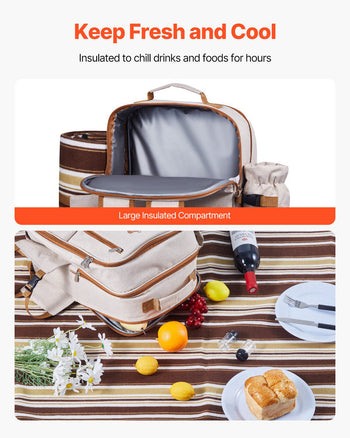 Picnic Backpack, Beach Picnic Backpack Bag for 4 Person with Insulated Cooler Compartment, Detachable Bottle/ Holder, Lightweight Blanket, Plates & Cutlery Set for Outdoor, Hiking, Camping